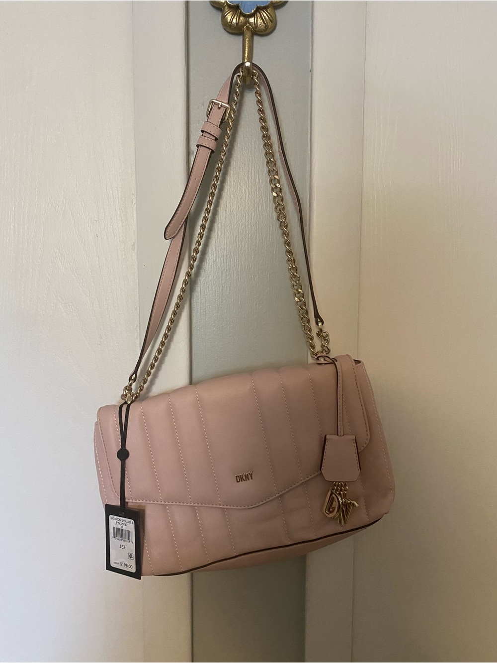 DKNY Quilted Shoulder Bag in Blush Pink with Gold Hardware